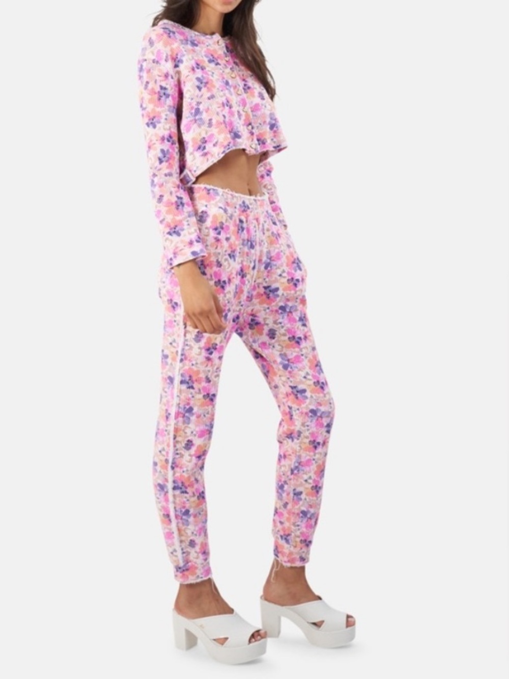 LoveShackFancy Clea Butterfly Print Cotton Waffle-Knit Joggers Size Large